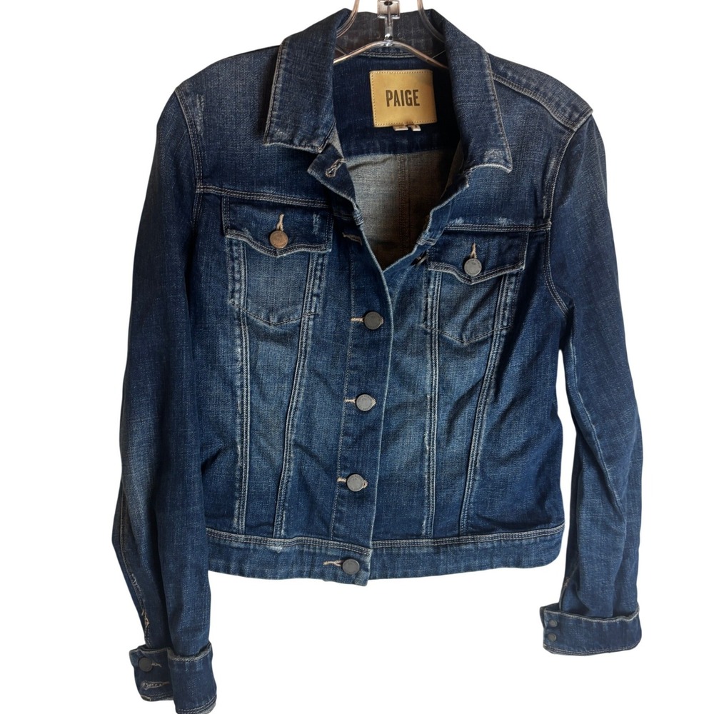 Paige Womens Medium Wash Distressed Stretch Denim Trucker Jacket Blue Size M